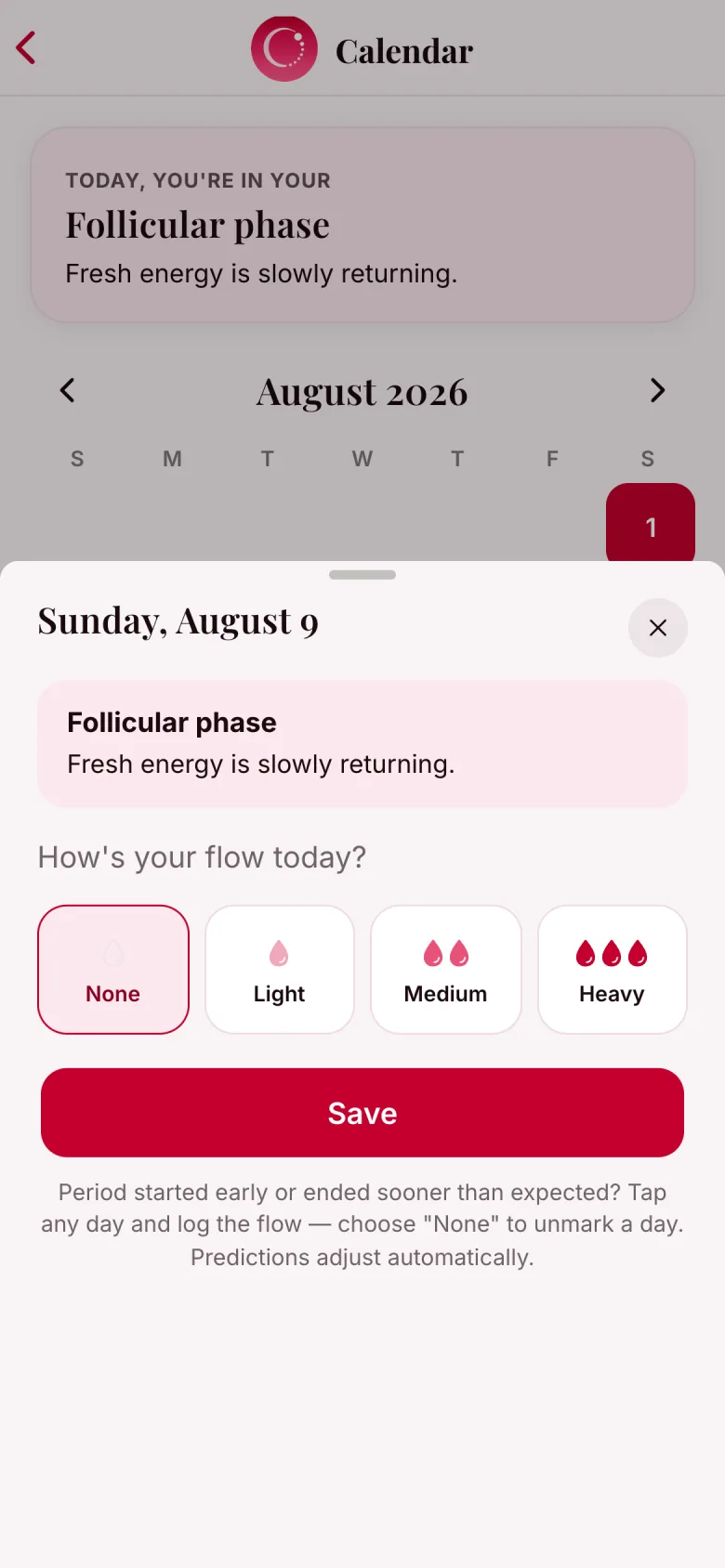 Day detail sheet in Ritudhara with flow intensity options: none, light, medium, heavy