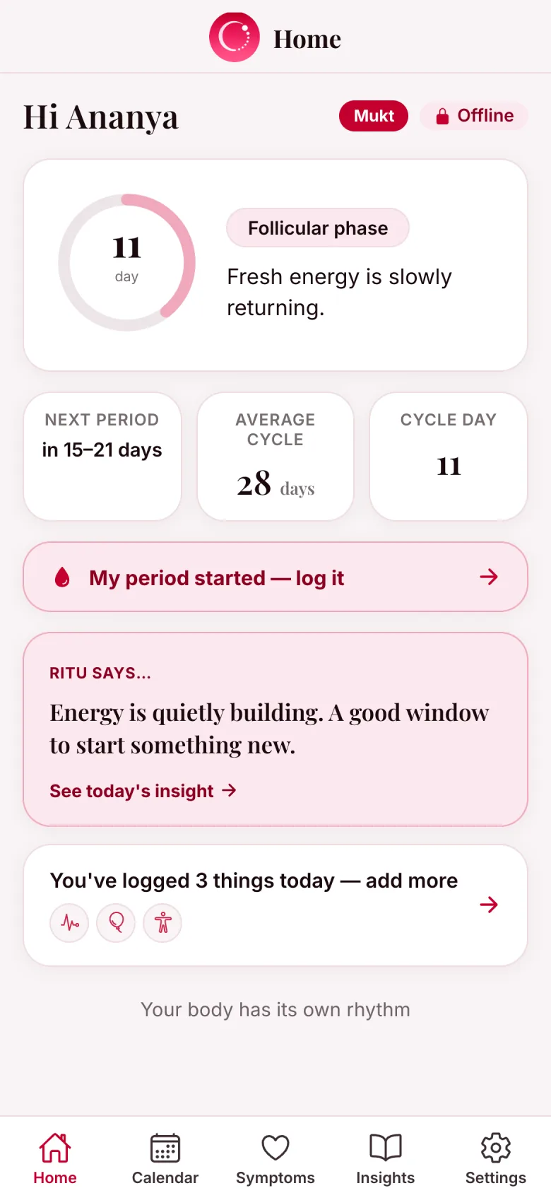 The Ritudhara home screen: cycle day 11, follicular phase, next period expected in 15–21 days, and a Ritu says insight card