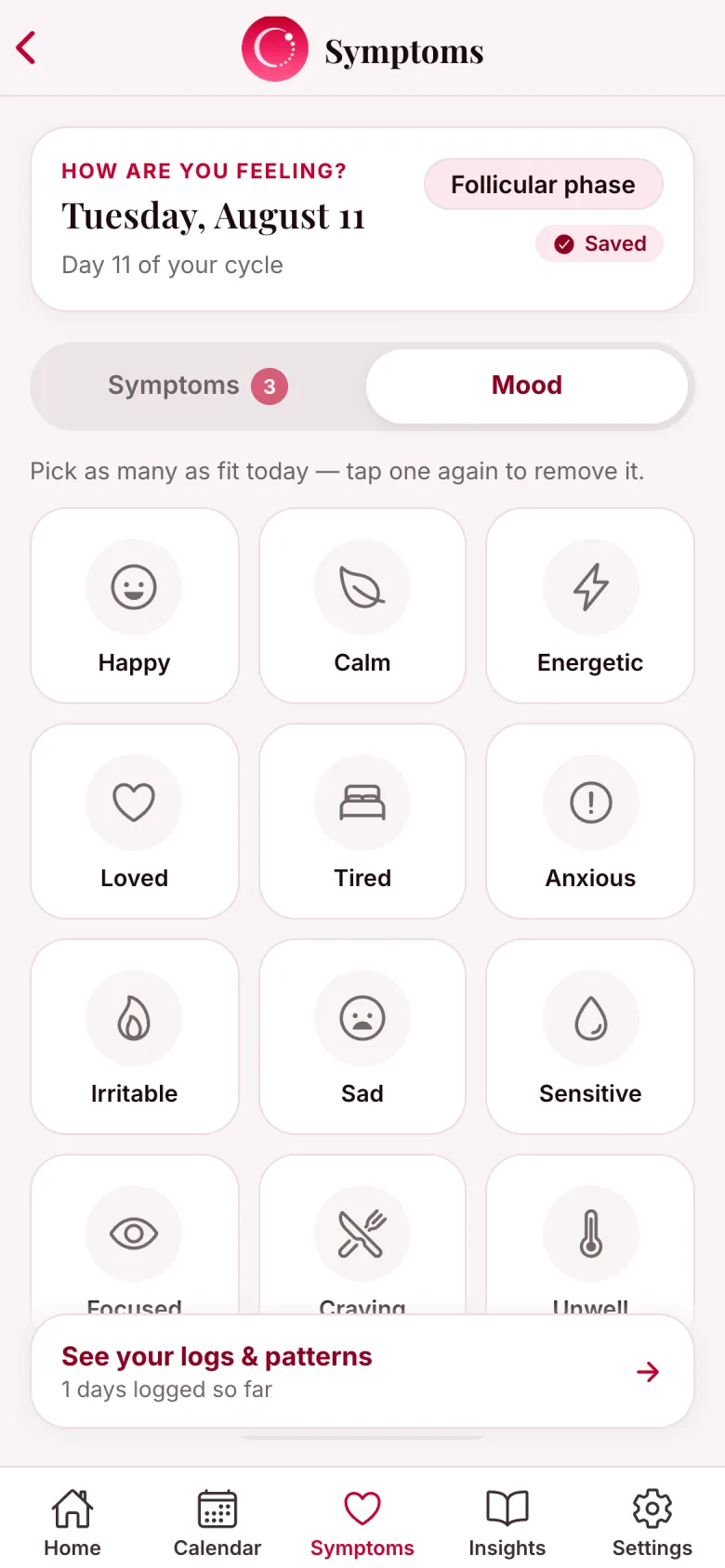 Ritudhara mood grid showing happy, calm, energetic, loved, tired and anxious tiles with three symptoms already saved