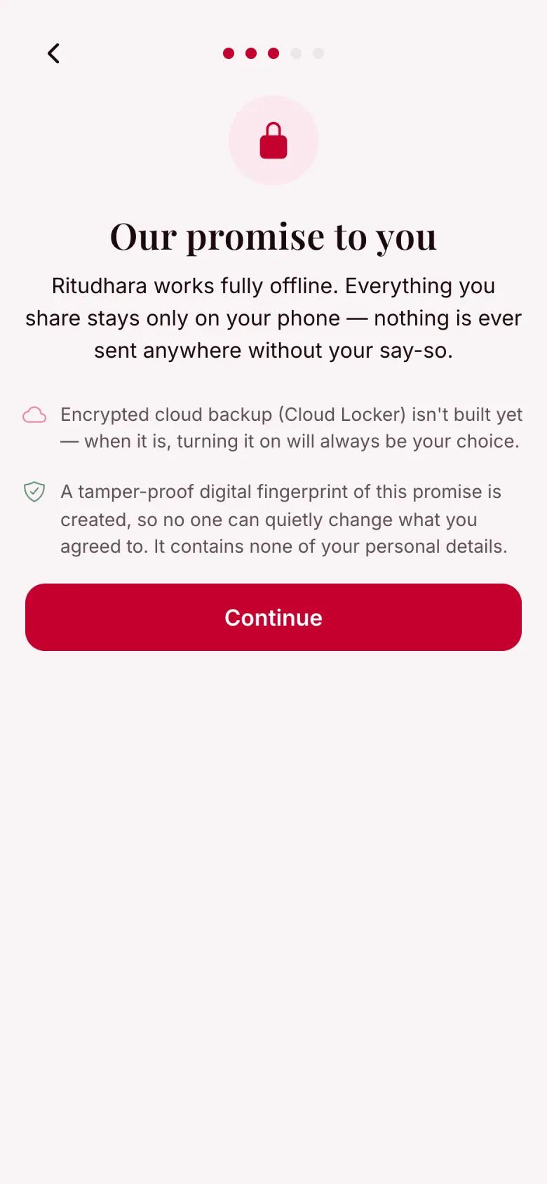 Ritudhara's data promise screen during onboarding, explaining that data stays on the device