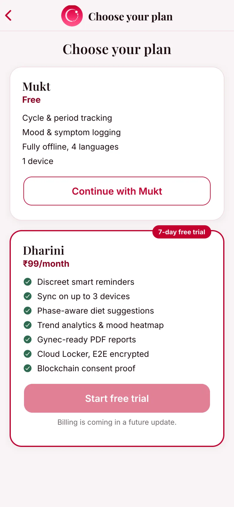 The plan chooser inside Ritudhara, comparing the free Mukt plan with Dharini at ₹99 per month