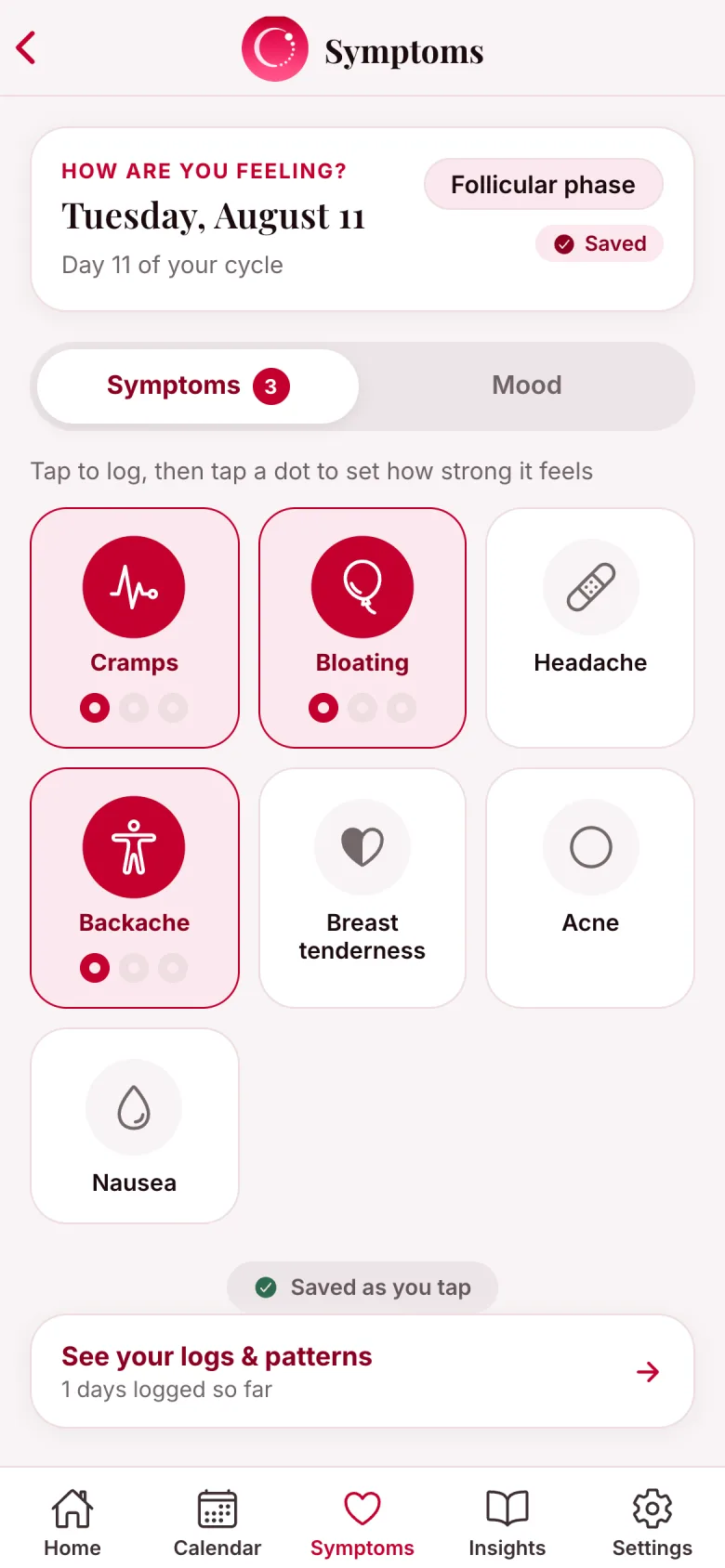Ritudhara symptom grid with cramps, bloating, headache, backache, breast tenderness and acne tiles